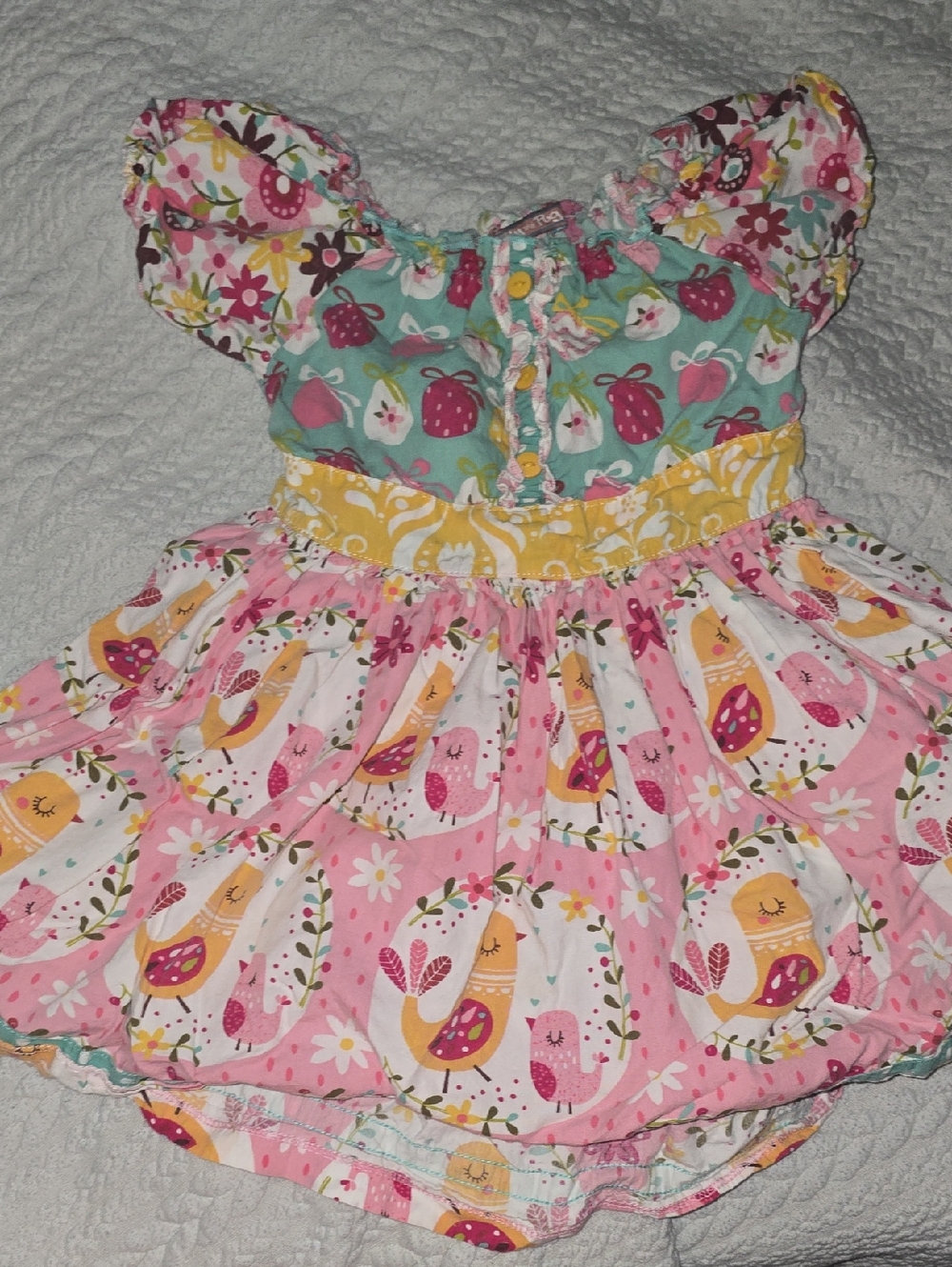 Jelly The Pug Pink Turquoise Yellow Floral & Bird Print Dress